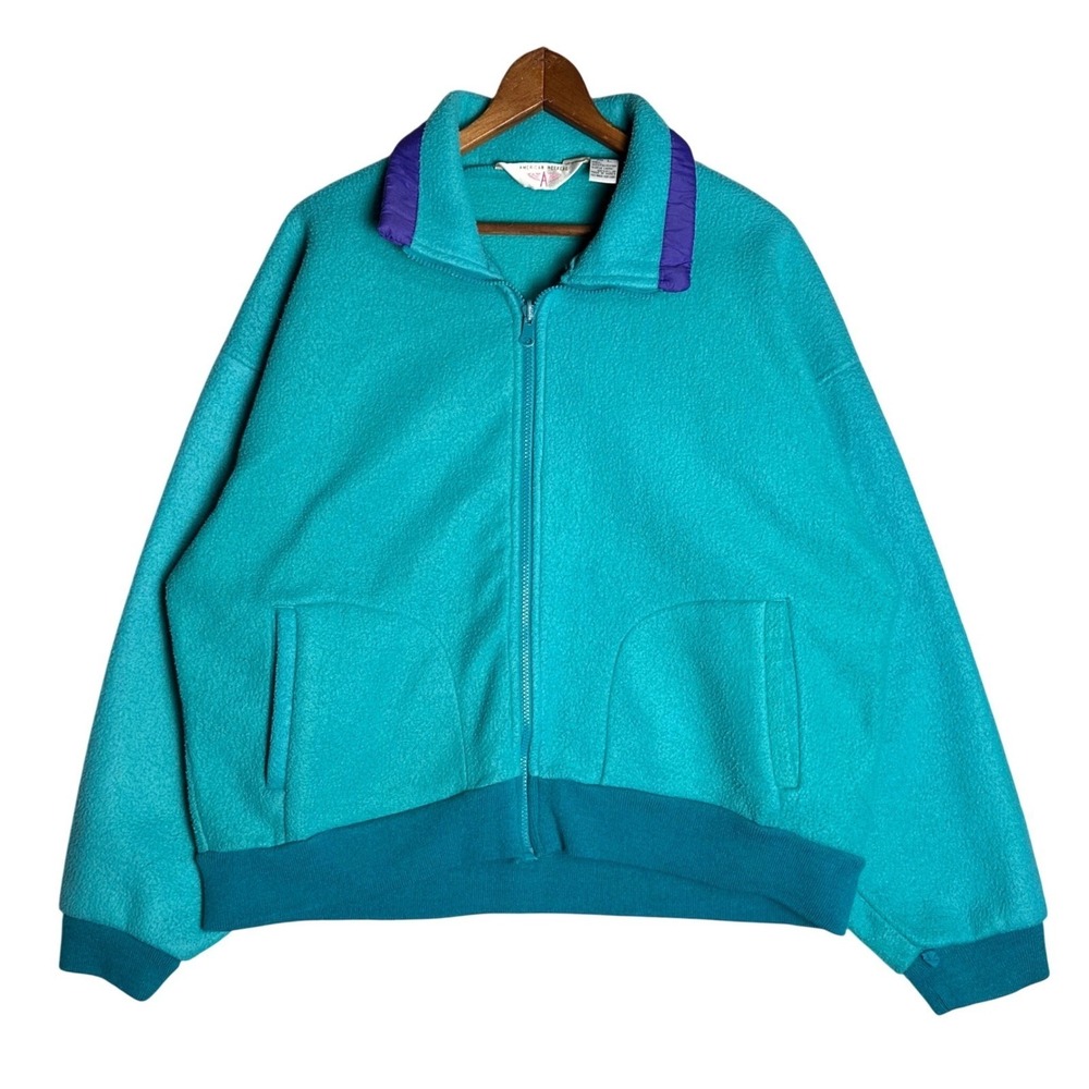 Vintage American Weekend Teal Fleece Jacket Womens Large Full Zip 90s Retro Mock